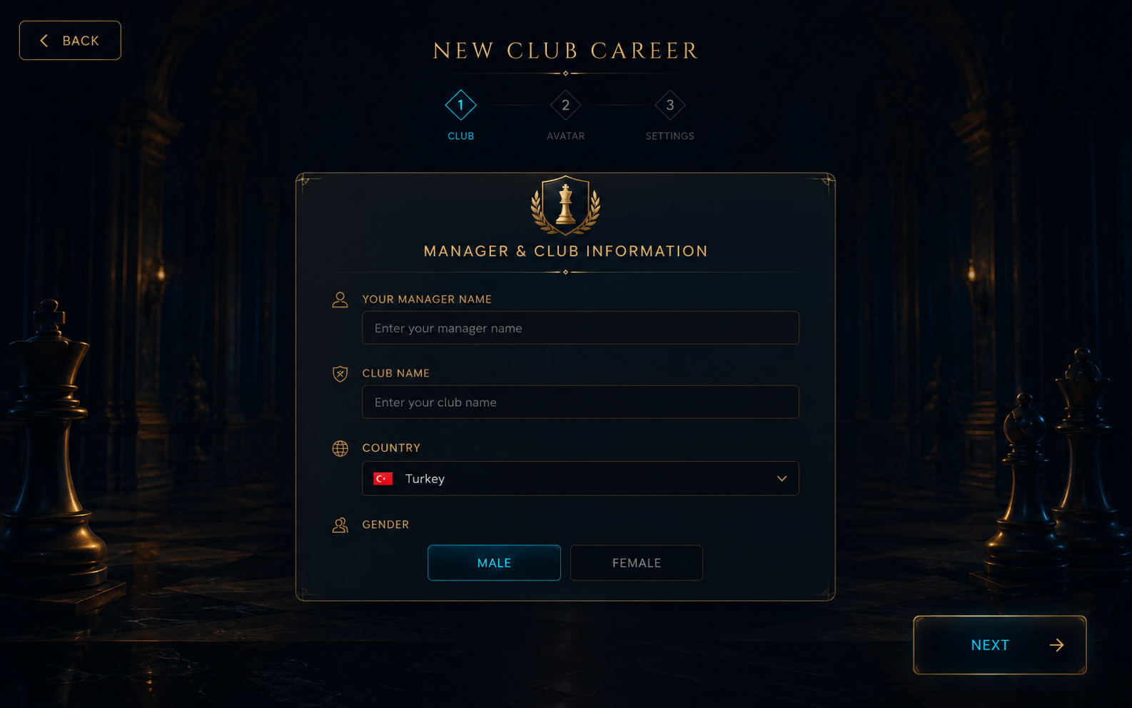 New club career setup screen