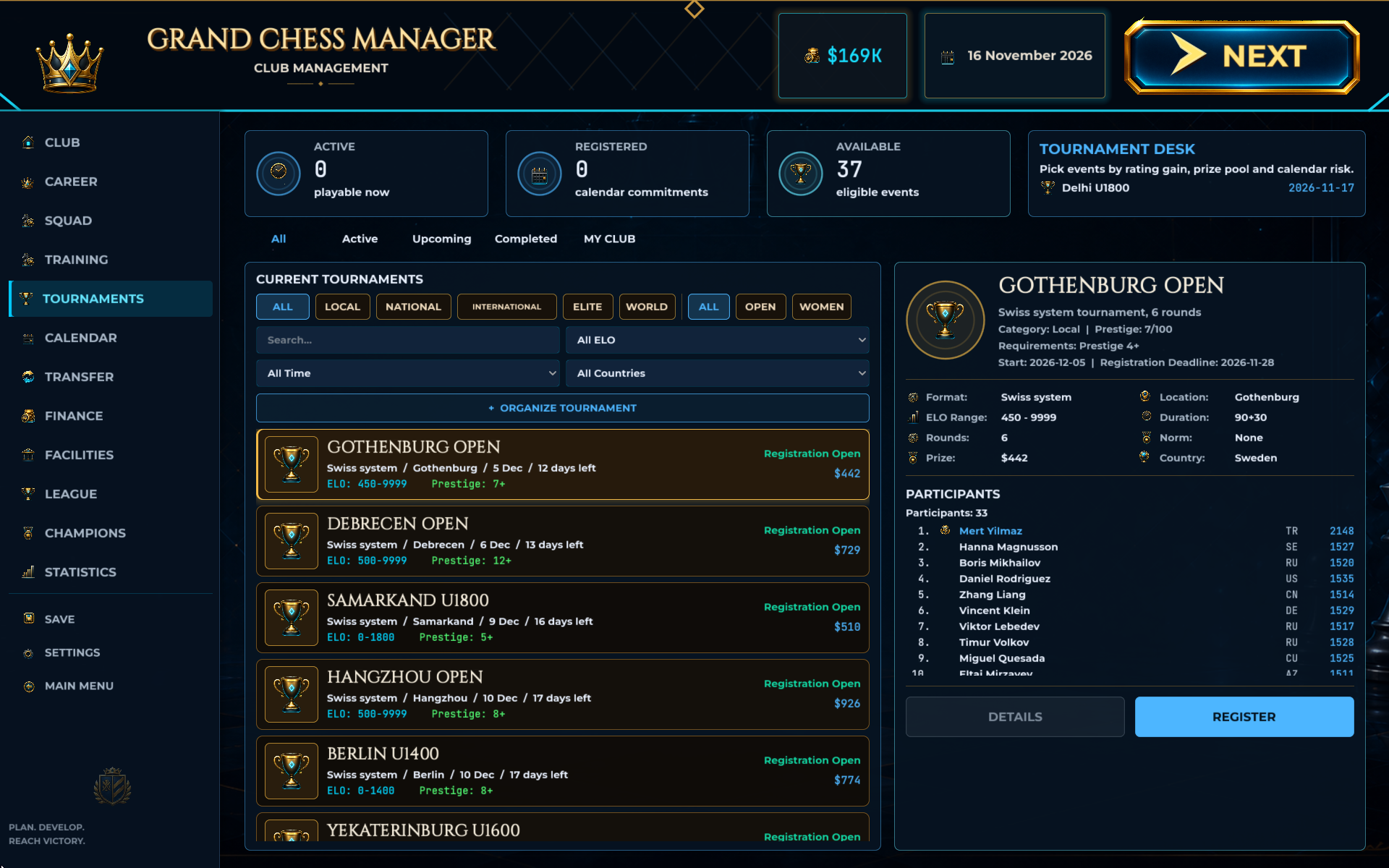 Tournament desk with event details